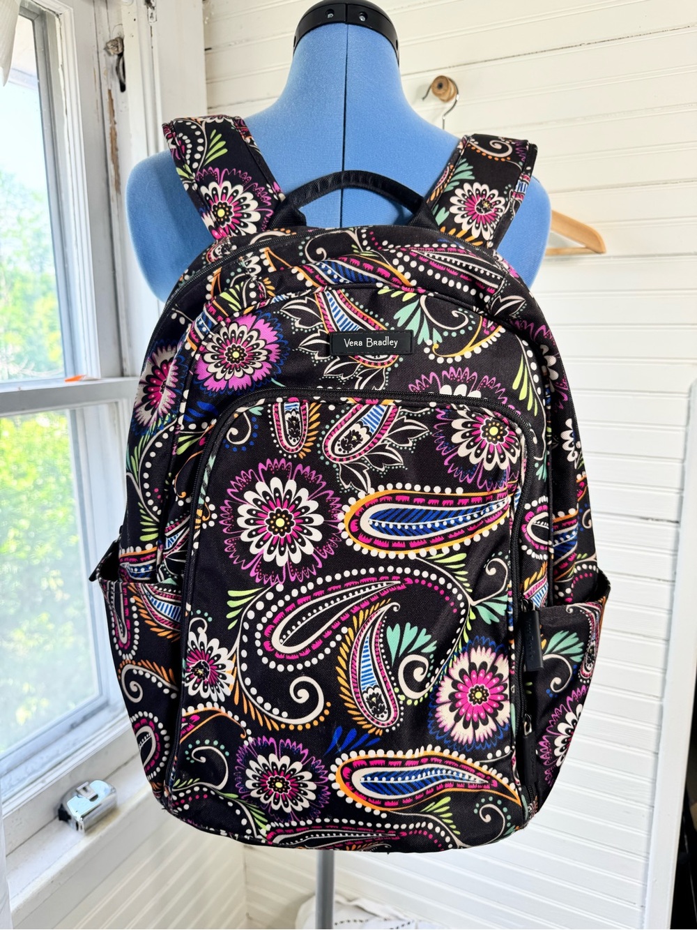 Vera Bradley Black Paisley Floral Print Backpack with Bright Accents